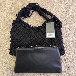 NWT BCBG Woven Shoulder Bag Black Removable Pouch 2-in-1